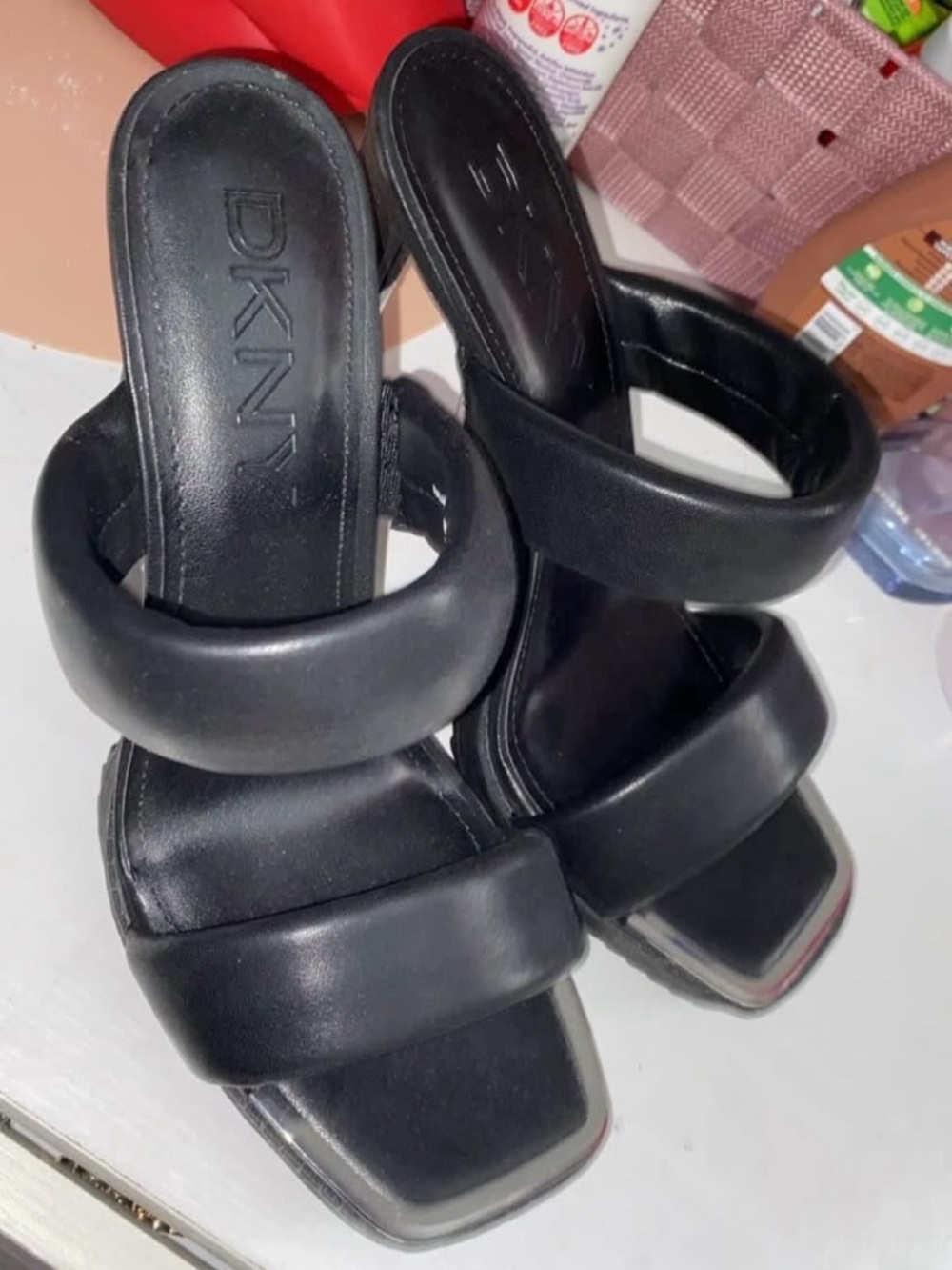 DKNY  Black Padded Double-Strap Slide Heels